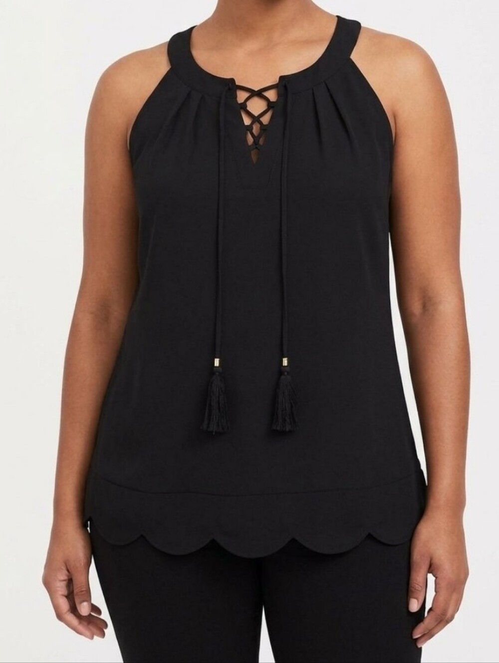 WHITE HOUSE BLACK MARKET Tie Tassle Front Stretch Sleeveless Women’s Blouse ML